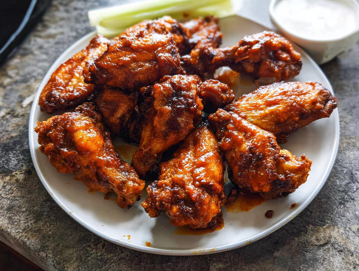 A plate piled high with saucy, glazed chicken wings, served with celery sticks and dipping sauce.