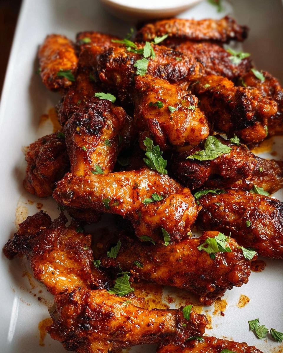 A close-up of saucy, caramelized chicken wings garnished with fresh parsley, ready to eat.