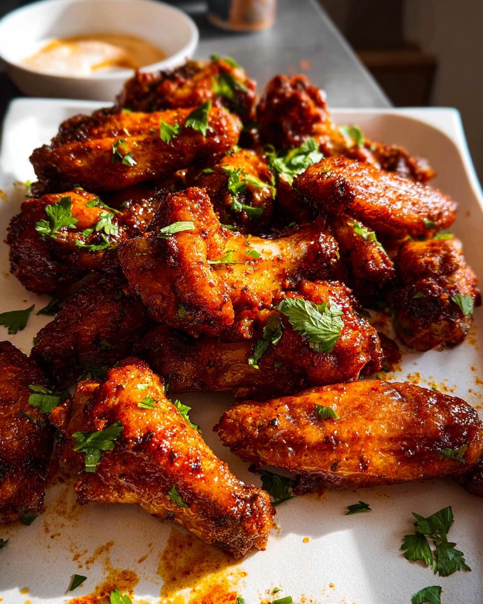 A pile of glossy, perfectly cooked chicken wings coated in a savory sauce and garnished with fresh parsley.