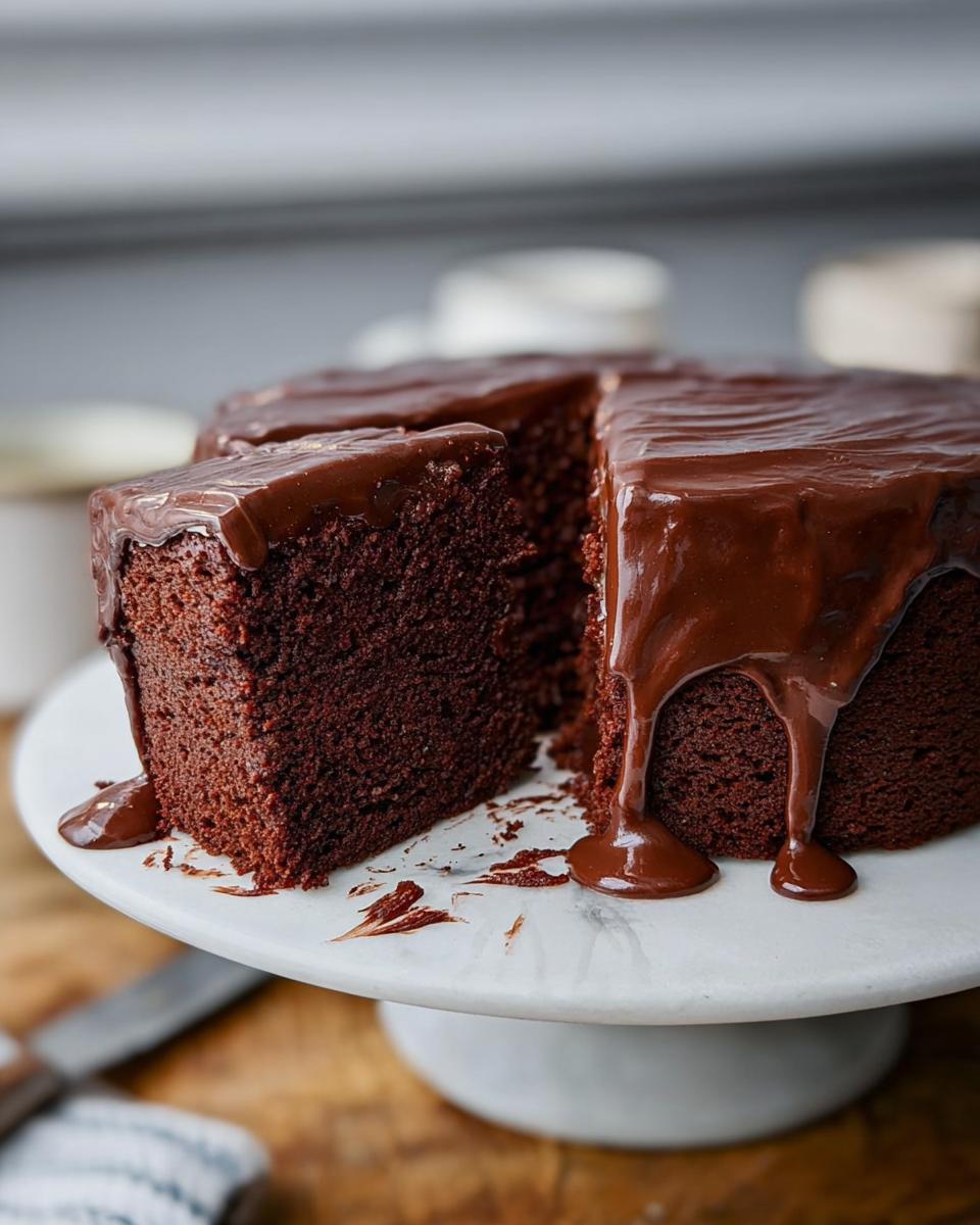 A rich, dark chocolate cake with a slice cut out, topped with glossy chocolate ganache for 7-Ingredient Cake Ideas Recipes.