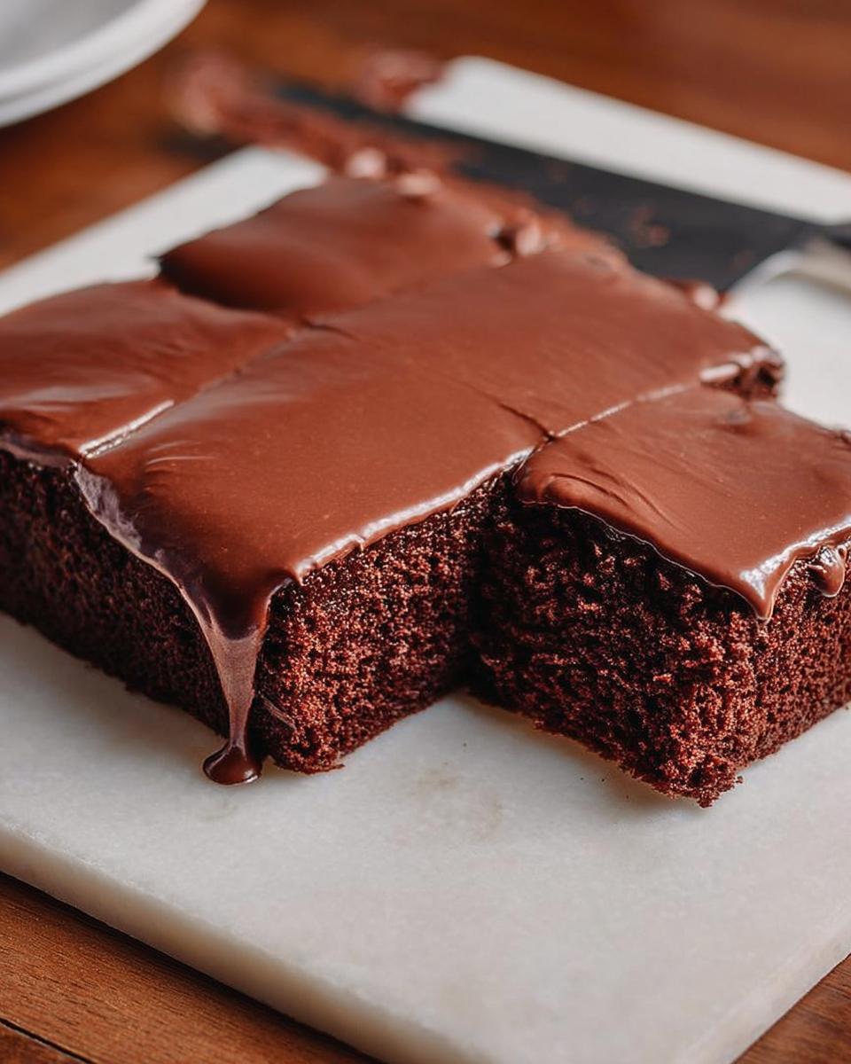 Close-up of rich chocolate cake ideas recipes squares topped with glossy, dripping fudge frosting on a white marble board.
