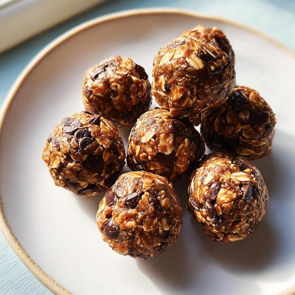 Seven chocolate chip energy bites made with oats stacked on a white plate, perfect for quick breakfast ideas recipes.