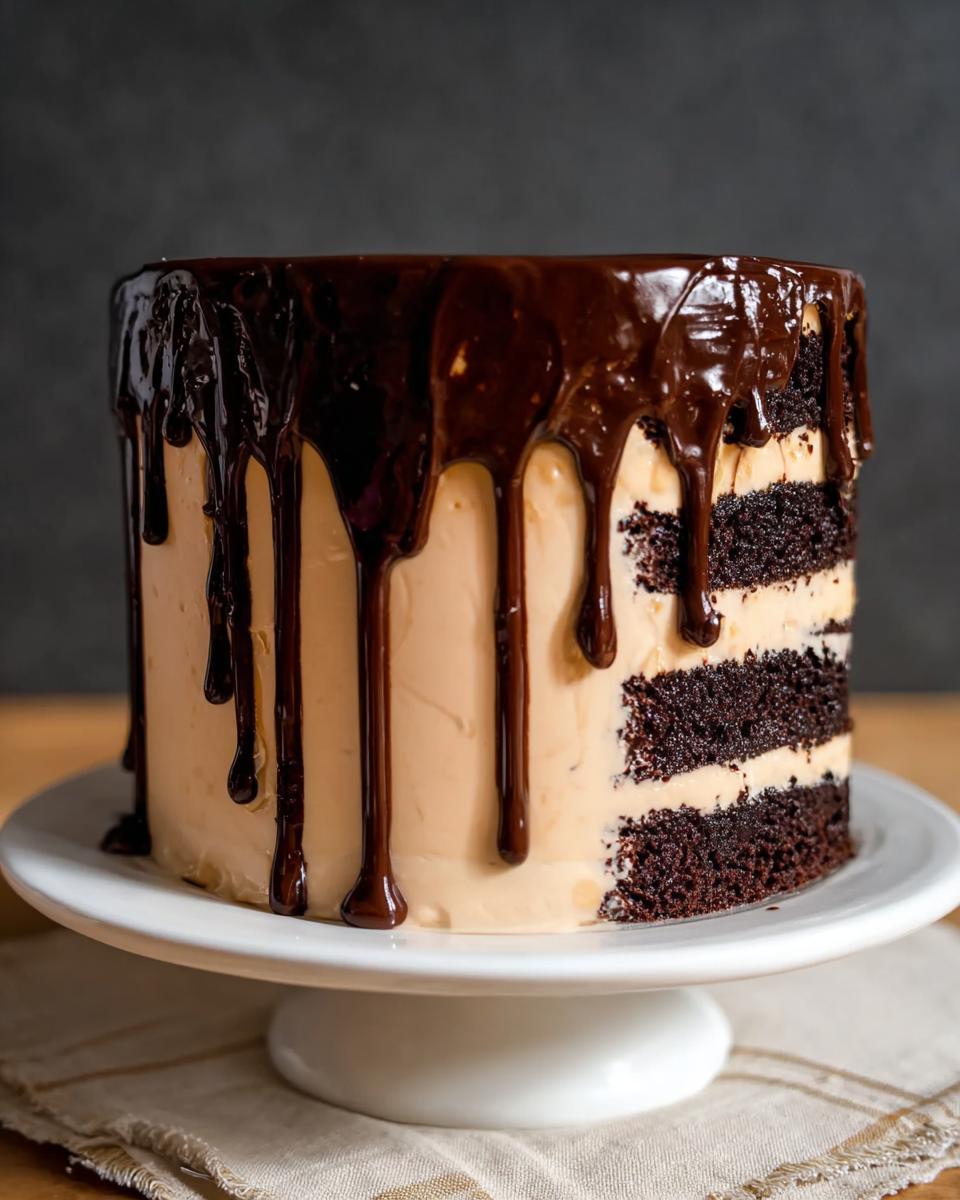 A tall, layered chocolate cake with peanut butter frosting and a rich chocolate ganache drip, illustrating great cake ideas recipes.