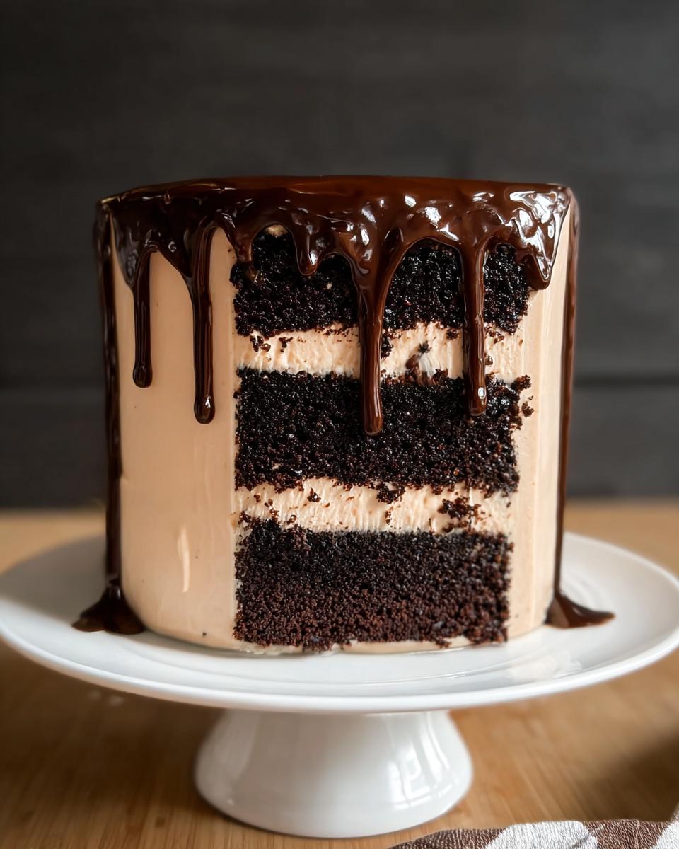 Cross-section of a decadent chocolate layer cake with light frosting and rich chocolate drip, illustrating great cake ideas recipes.