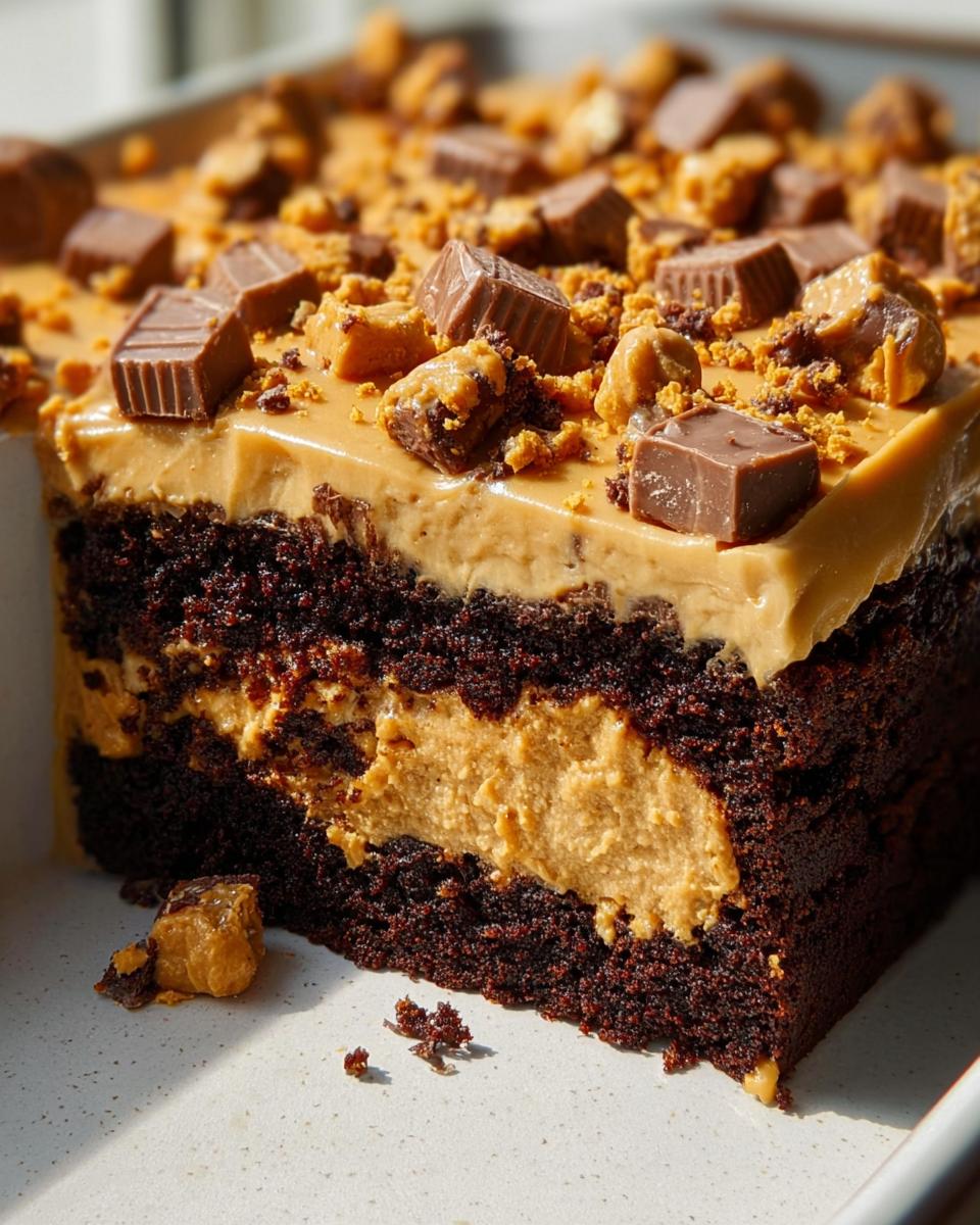 Close-up of a rich chocolate cake slice layered with peanut butter filling and topped with peanut butter frosting and candy pieces, a great example of Cake Ideas Recipes in 12 Minutes.
