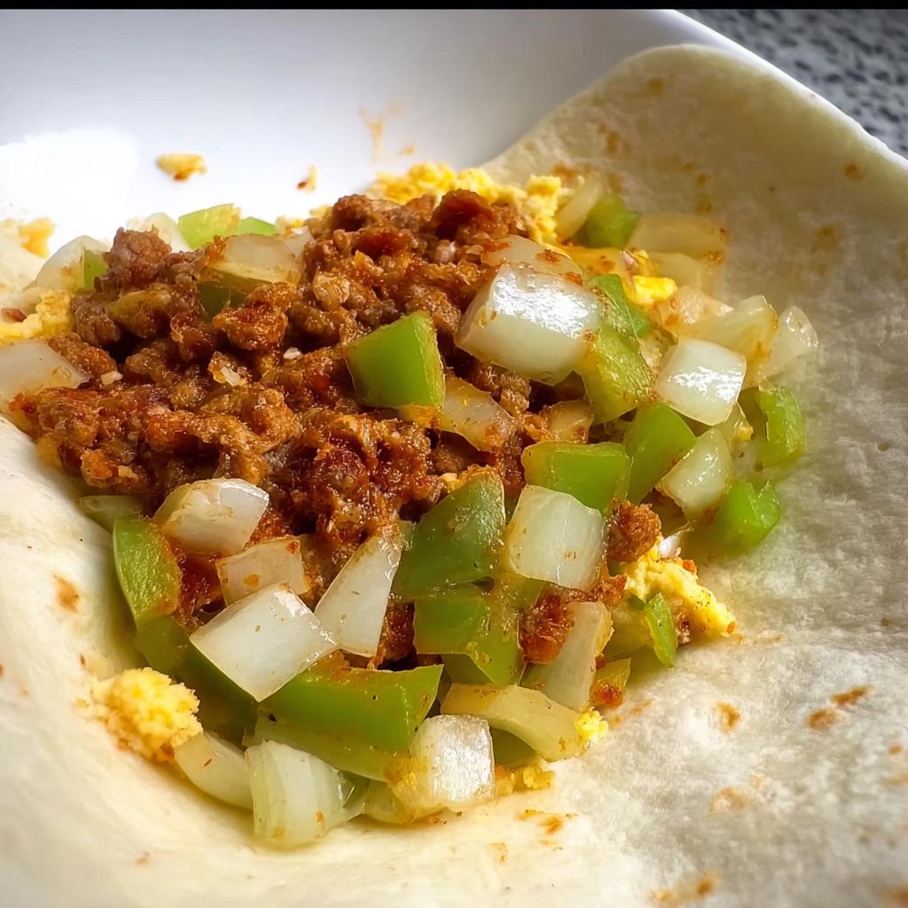Close-up of chorizo, scrambled egg, green pepper, and onion filling inside a soft tortilla for one of the egg recipes.