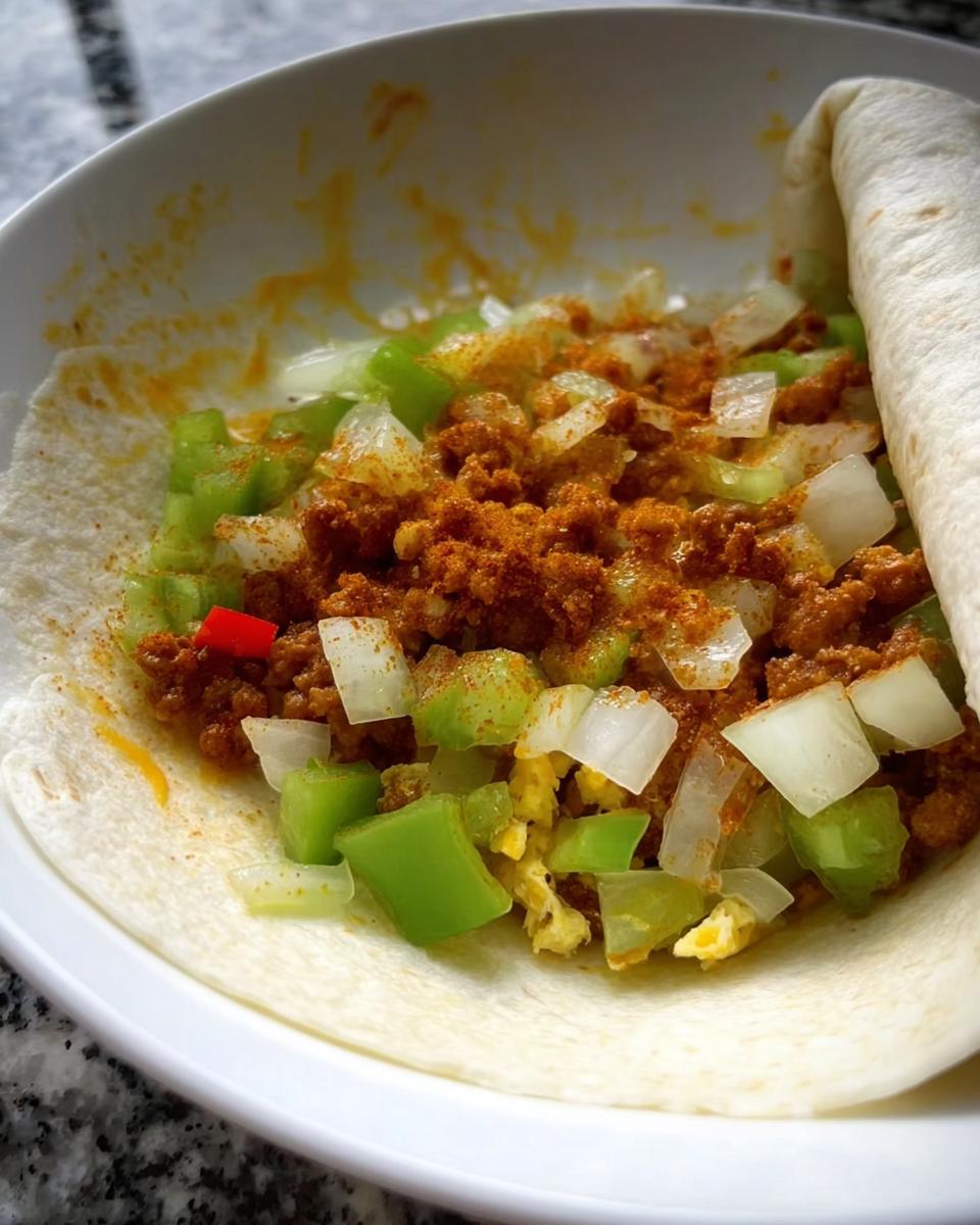 Close-up of chorizo and egg mixture with diced onions and green peppers inside a soft tortilla, part of delicious egg recipes.