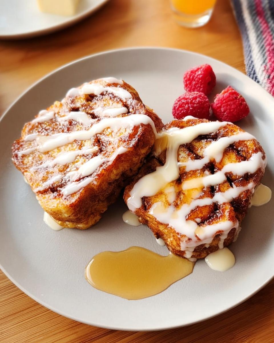 Two slices of cinnamon roll French toast drizzled with icing, served with raspberries, fitting Restaurant-Style Breakfast Ideas Recipes at Home.