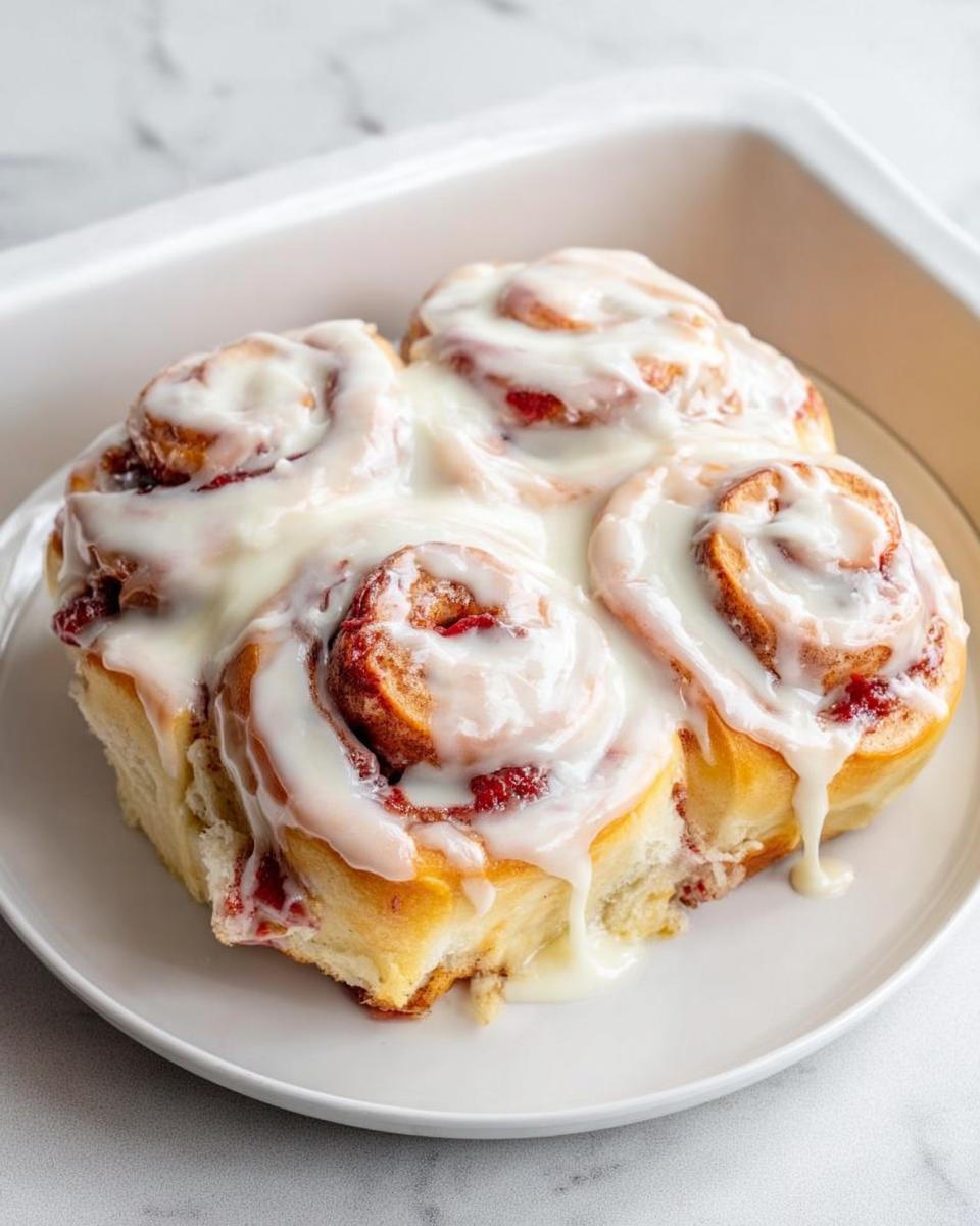 Close-up of four frosted cinnamon rolls served on a white plate, perfect for breakfast ideas.