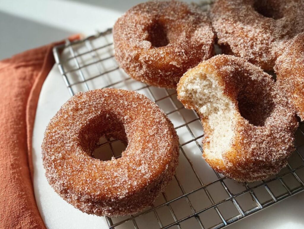 Close-up of freshly made cinnamon sugar donuts, one with a bite taken out, featured in breakfast ideas recipes.