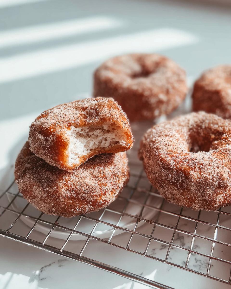 Close-up of cinnamon sugar donuts, one stacked and bitten, part of easy breakfast ideas recipes.