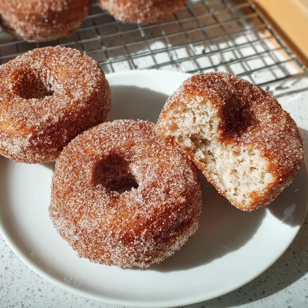 Three cinnamon sugar donuts on a white plate, one broken open to show the fluffy interior, part of How to Make Breakfast Ideas Recipes.