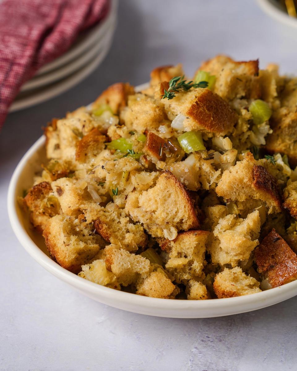 Close-up of a bowl filled with classic bread stuffing recipe, featuring chunks of bread, celery, and herbs.
