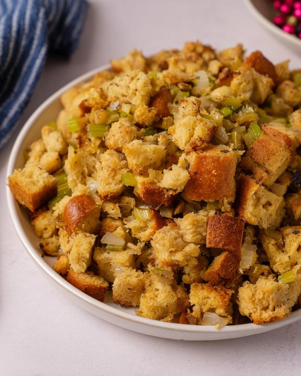 Close-up of a bowl filled with fluffy, golden bread stuffing recipes featuring celery and onions.