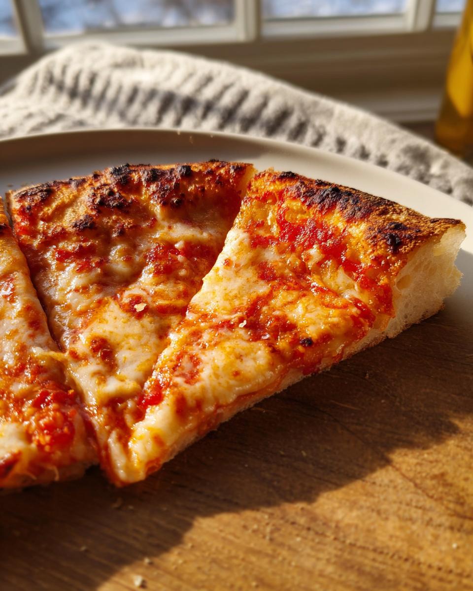Close-up of two slices of classic cheese pizza with bubbly, slightly charred crust, ready for Pizza Night Recipes.