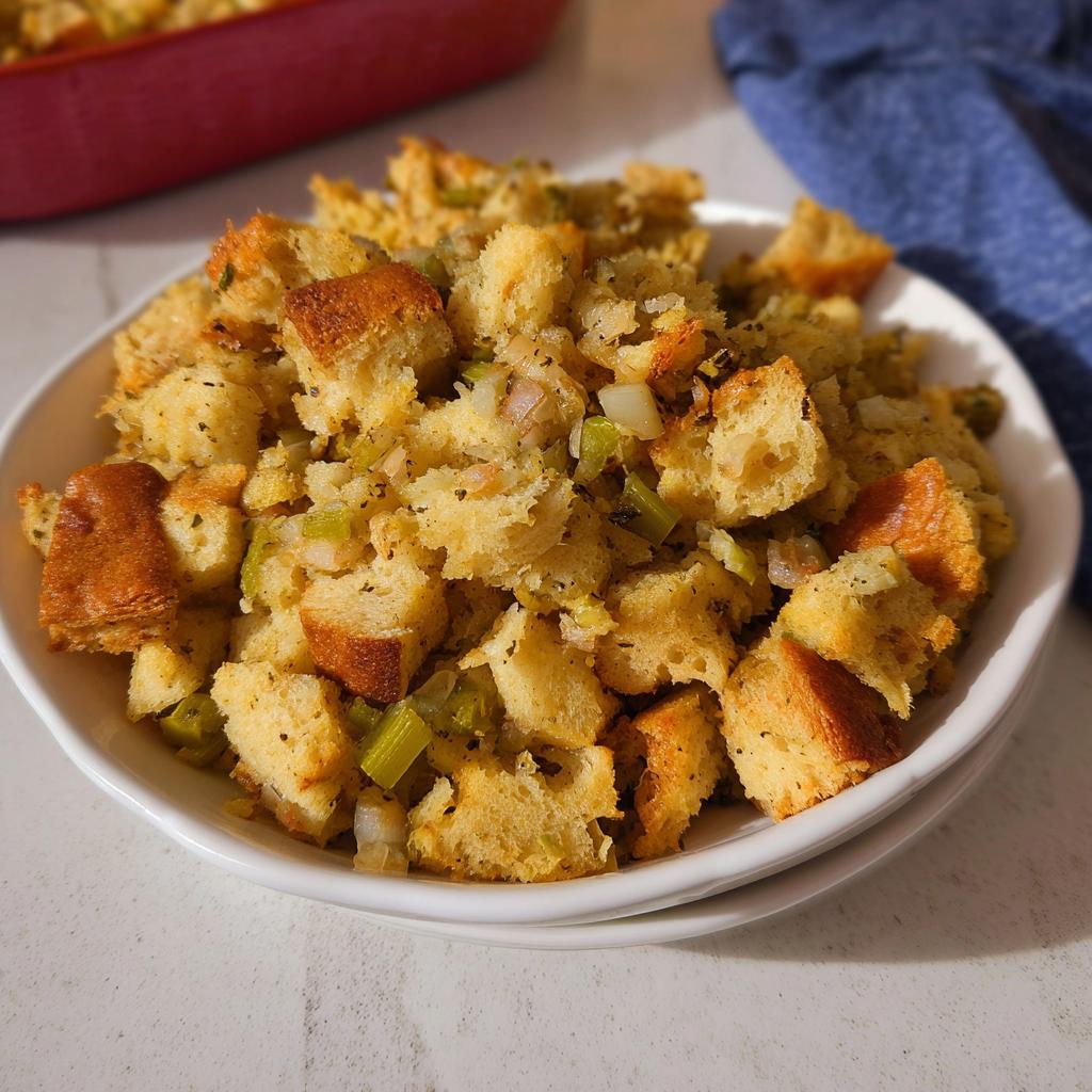 A close-up of fluffy, seasoned bread stuffing with visible celery and onion pieces in a white bowl.