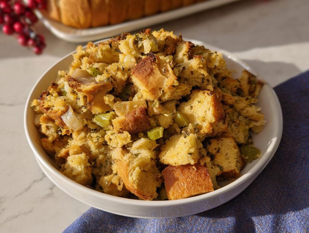 A close-up of a white bowl filled with fluffy, golden bread stuffing recipe mixed with celery and onions.