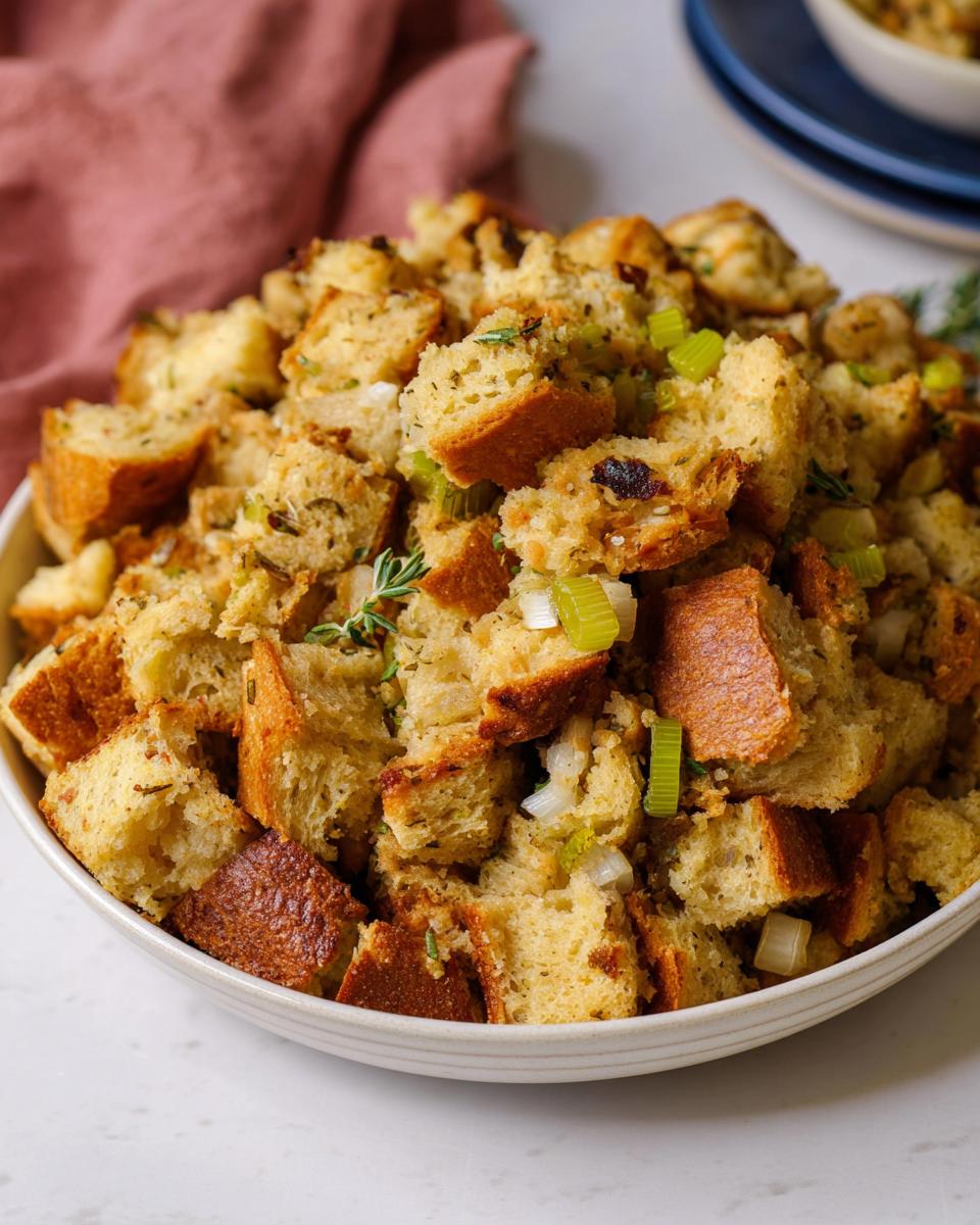 A close-up view of a bowl filled with classic bread stuffing recipes, featuring cubed bread, celery, and herbs.