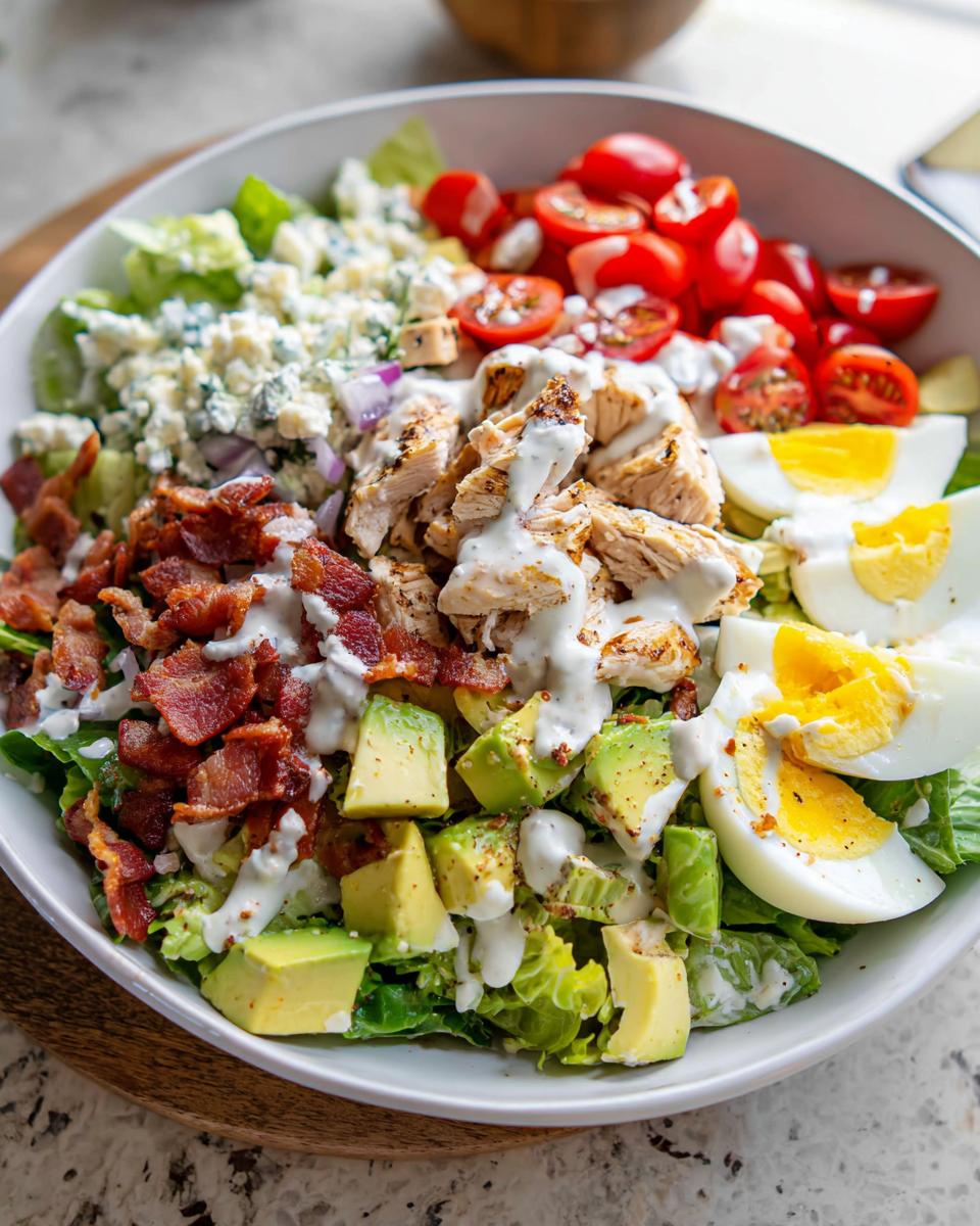 A vibrant Cobb salad featuring grilled chicken, bacon, avocado, blue cheese, eggs, and tomatoes, drizzled with ranch dressing, part of 10-Ingredient Chicken Recipes.