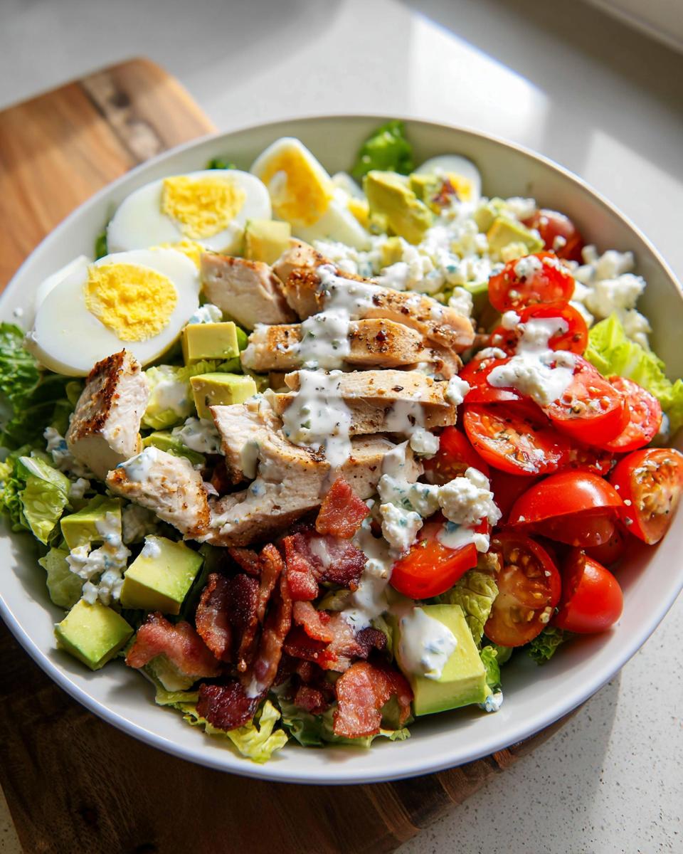 A vibrant Cobb salad featuring sliced grilled chicken, avocado, bacon, eggs, tomatoes, and blue cheese dressing, fitting for 10-Ingredient Chicken Recipes.