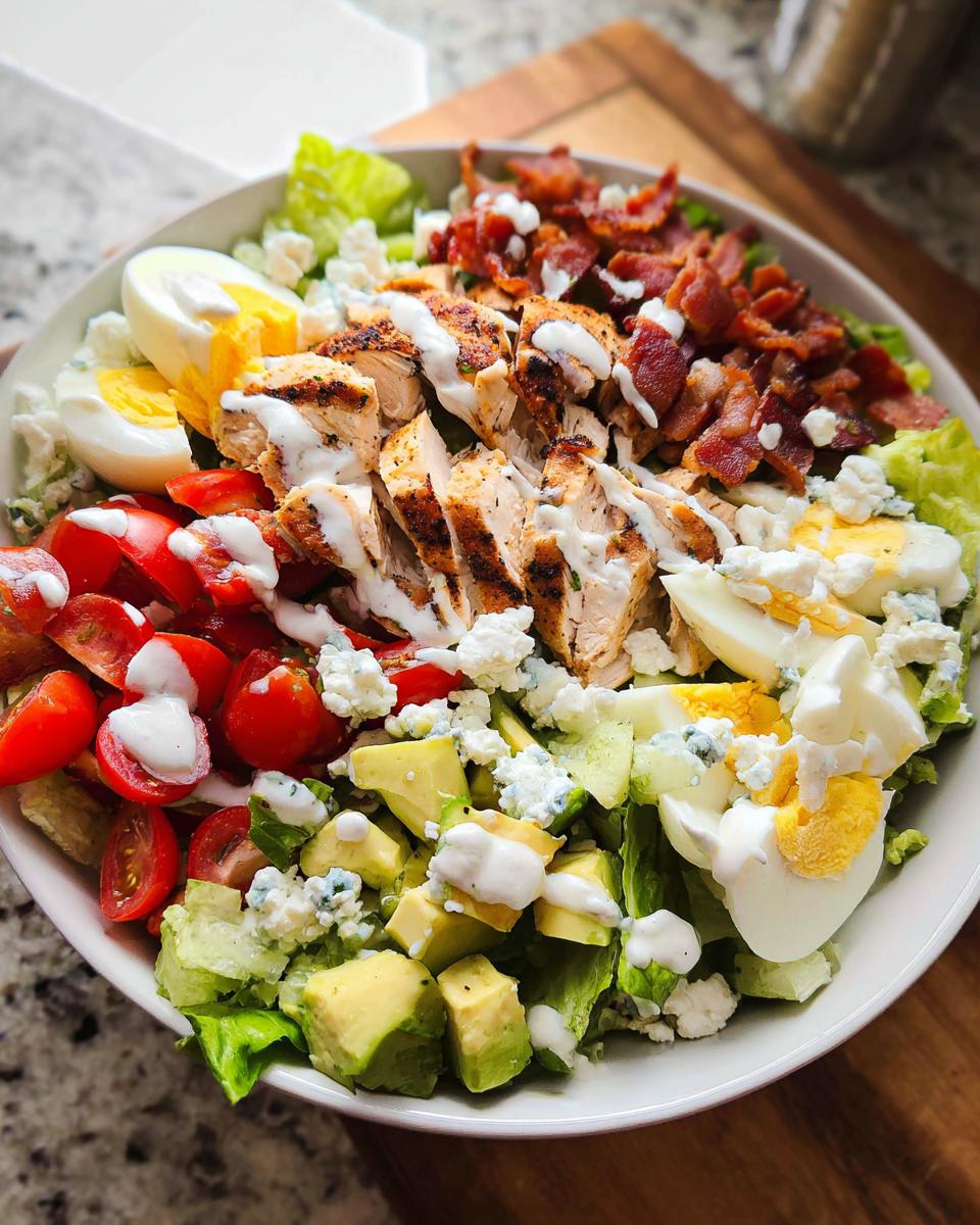A vibrant Cobb salad featuring sliced grilled chicken, bacon, avocado, eggs, and blue cheese dressing, part of the 10-Ingredient Chicken Recipes.