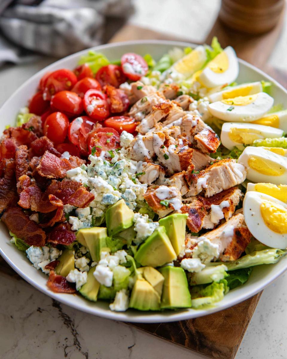 A vibrant Cobb salad featuring sliced grilled chicken, bacon, avocado, tomatoes, and eggs, perfect for 10-Ingredient Chicken Recipes.