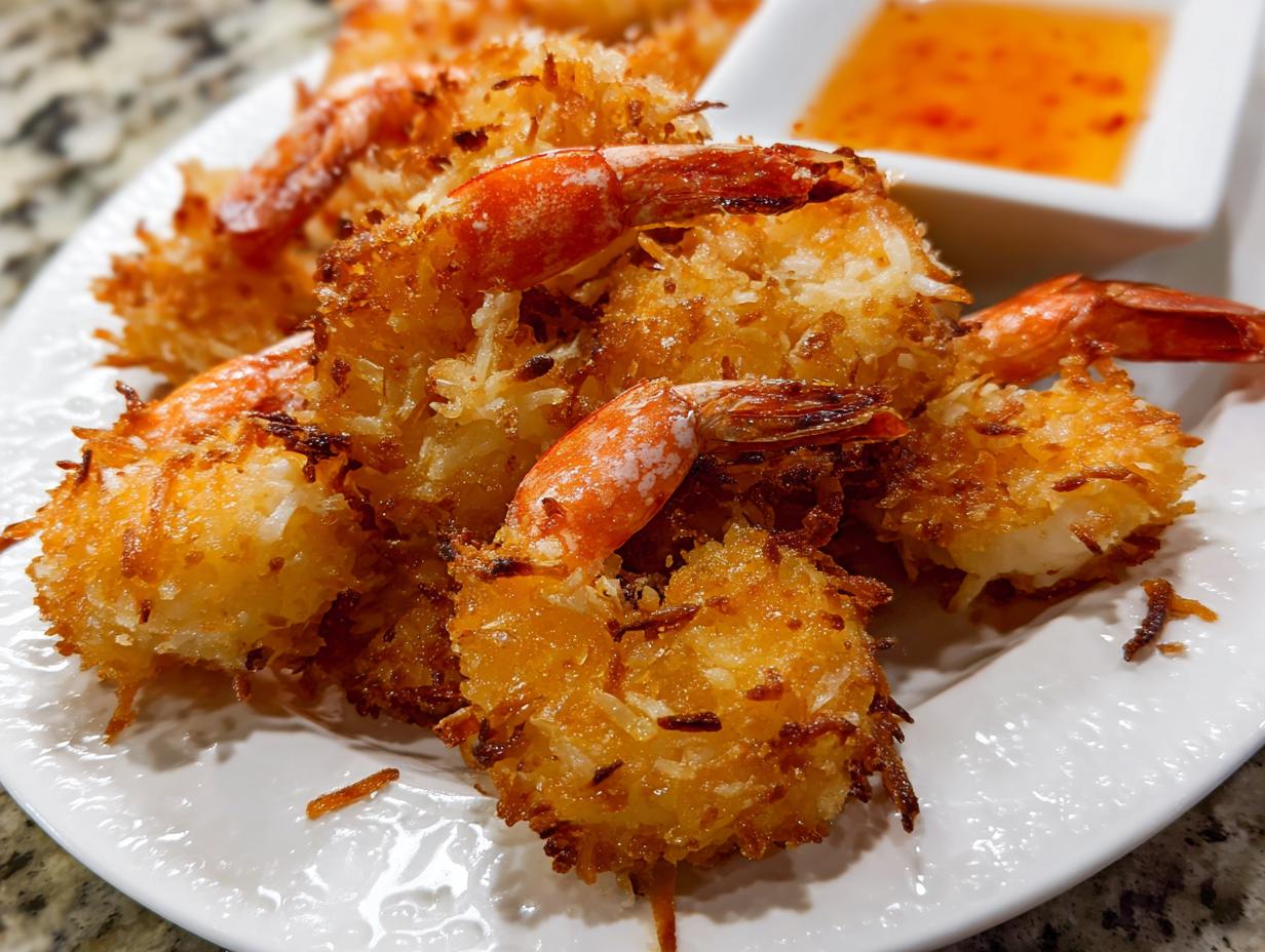 A close-up of golden brown, crispy coconut shrimp served on a white plate with a side of sweet chili dipping sauce.