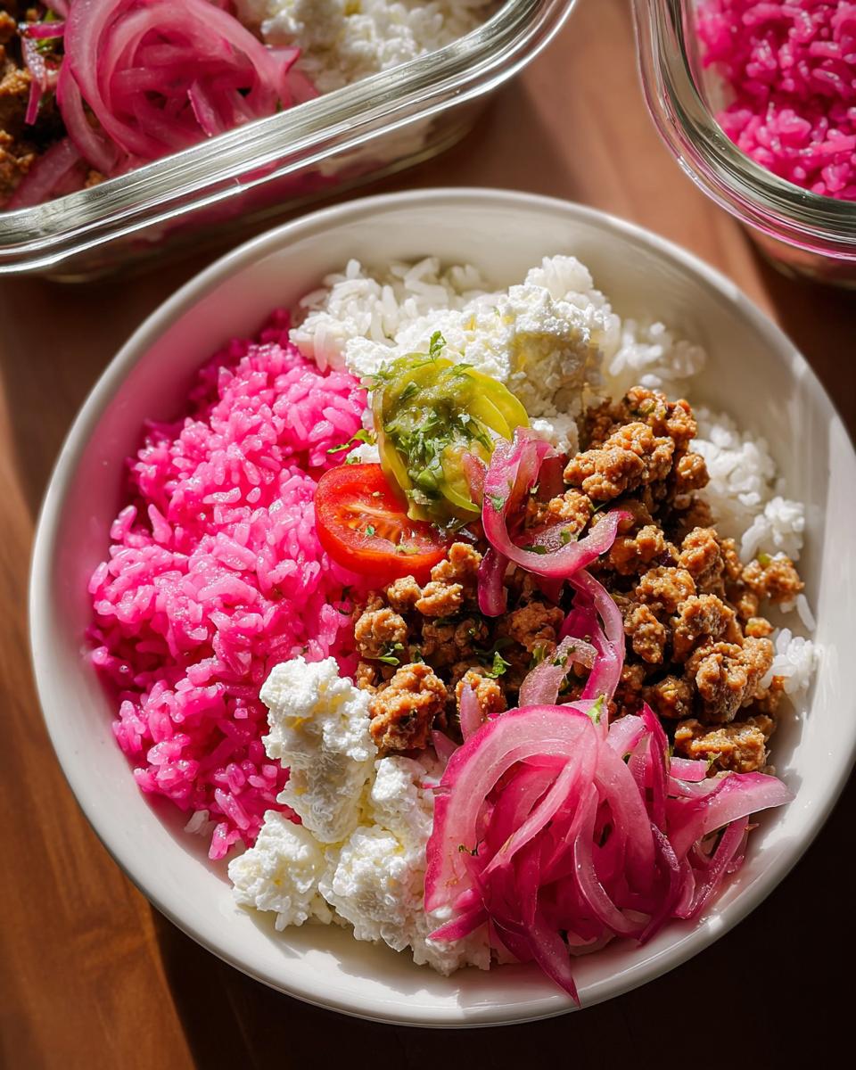 Close-up of a vibrant Rice Bowls Recipes Meal Prep featuring white rice, bright pink rice, ground meat, cottage cheese, and pickled red onions.