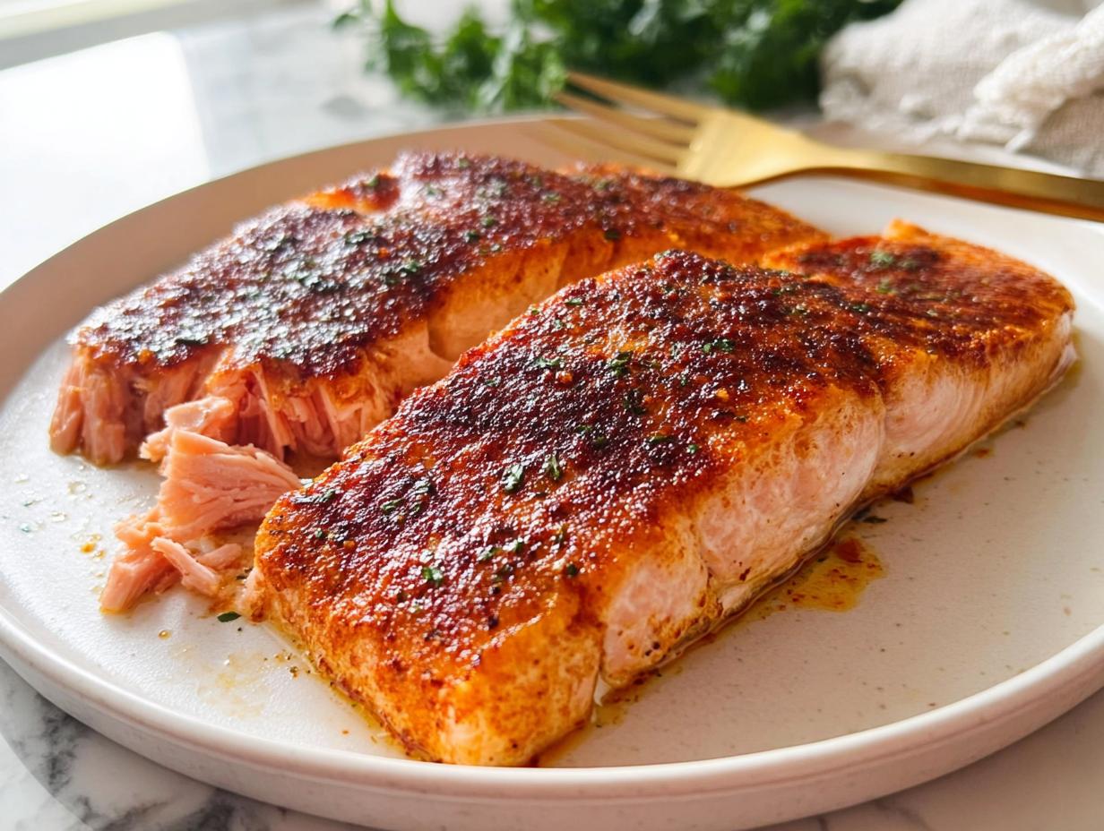 Two perfectly seasoned and cooked salmon fillets on a white plate, showcasing flaky texture, a key element in great salmon recipes.