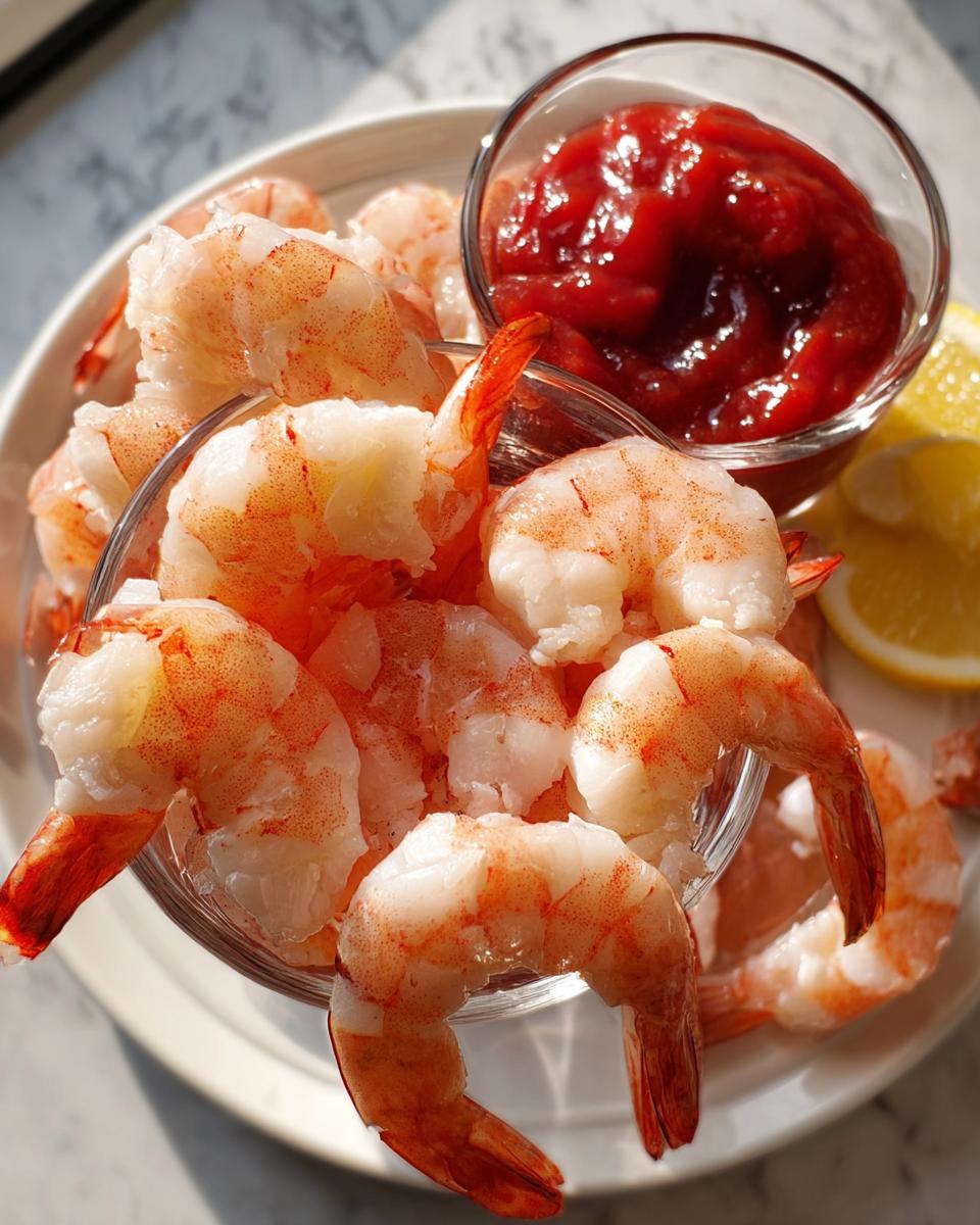 A glass bowl overflowing with chilled, cooked shrimp served with cocktail sauce and lemon wedges, illustrating how to make shrimp recipes.