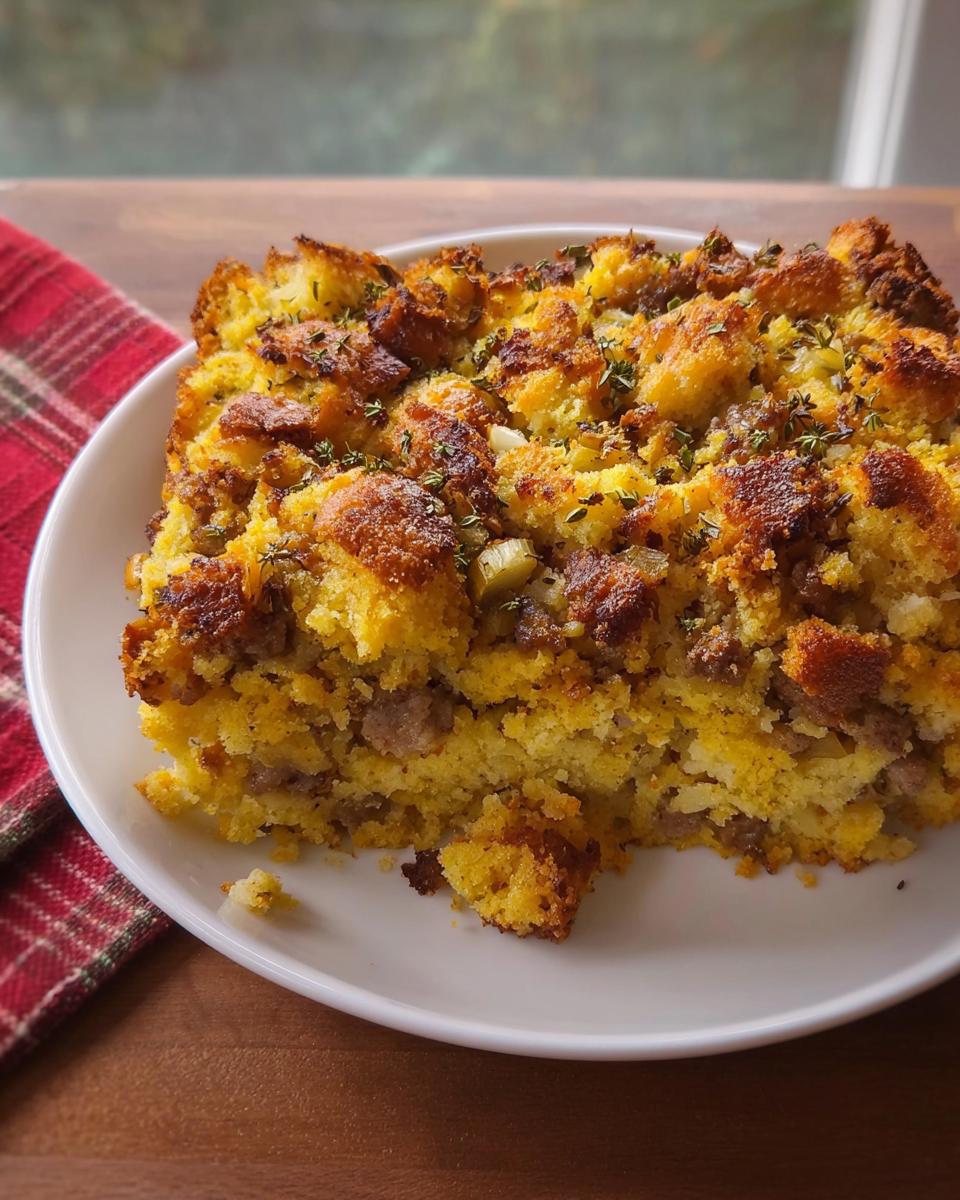 A square serving of golden cornbread stuffing with sausage and herbs on a white plate.