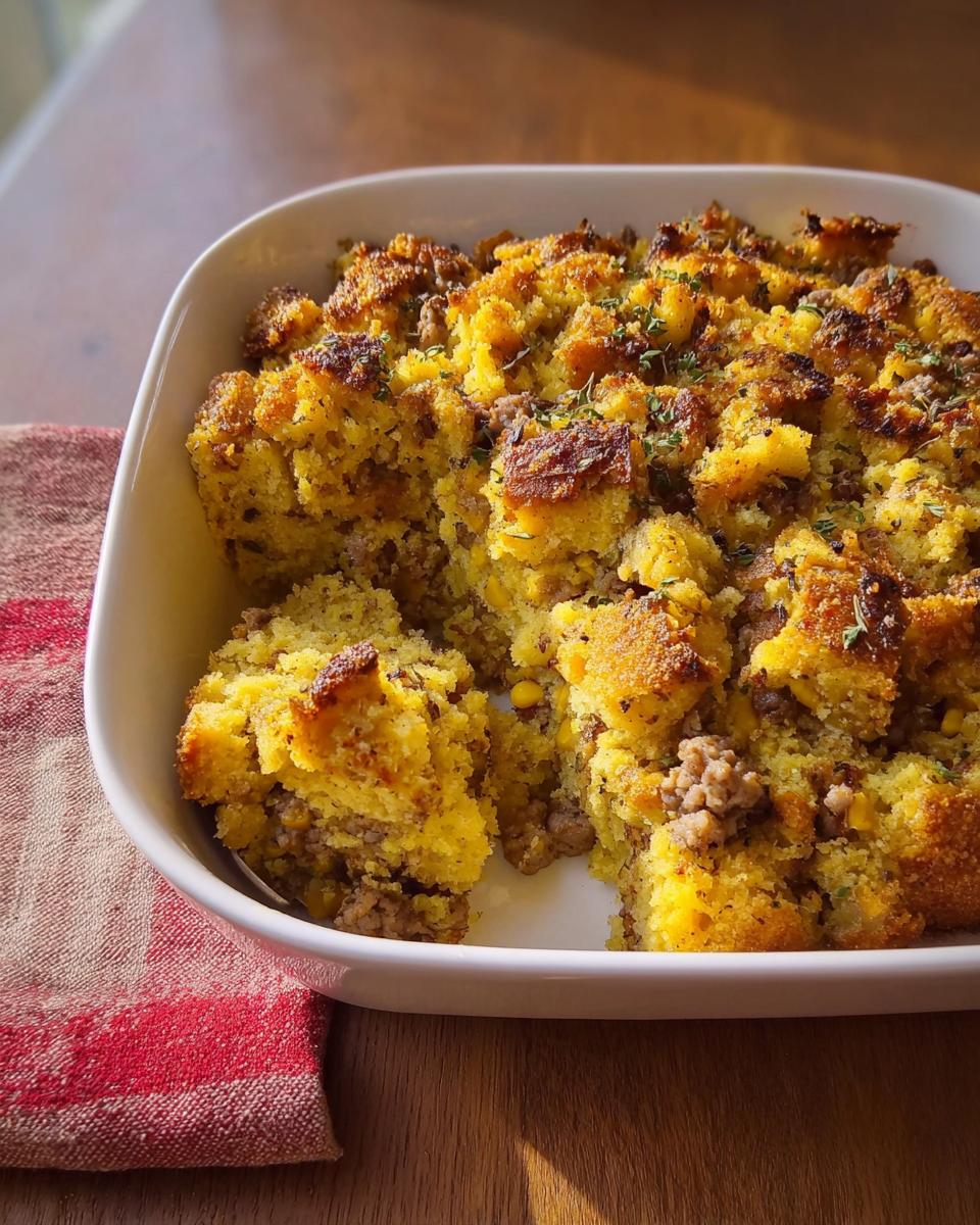 Close-up of savory cornbread stuffing with sausage in a white baking dish.
