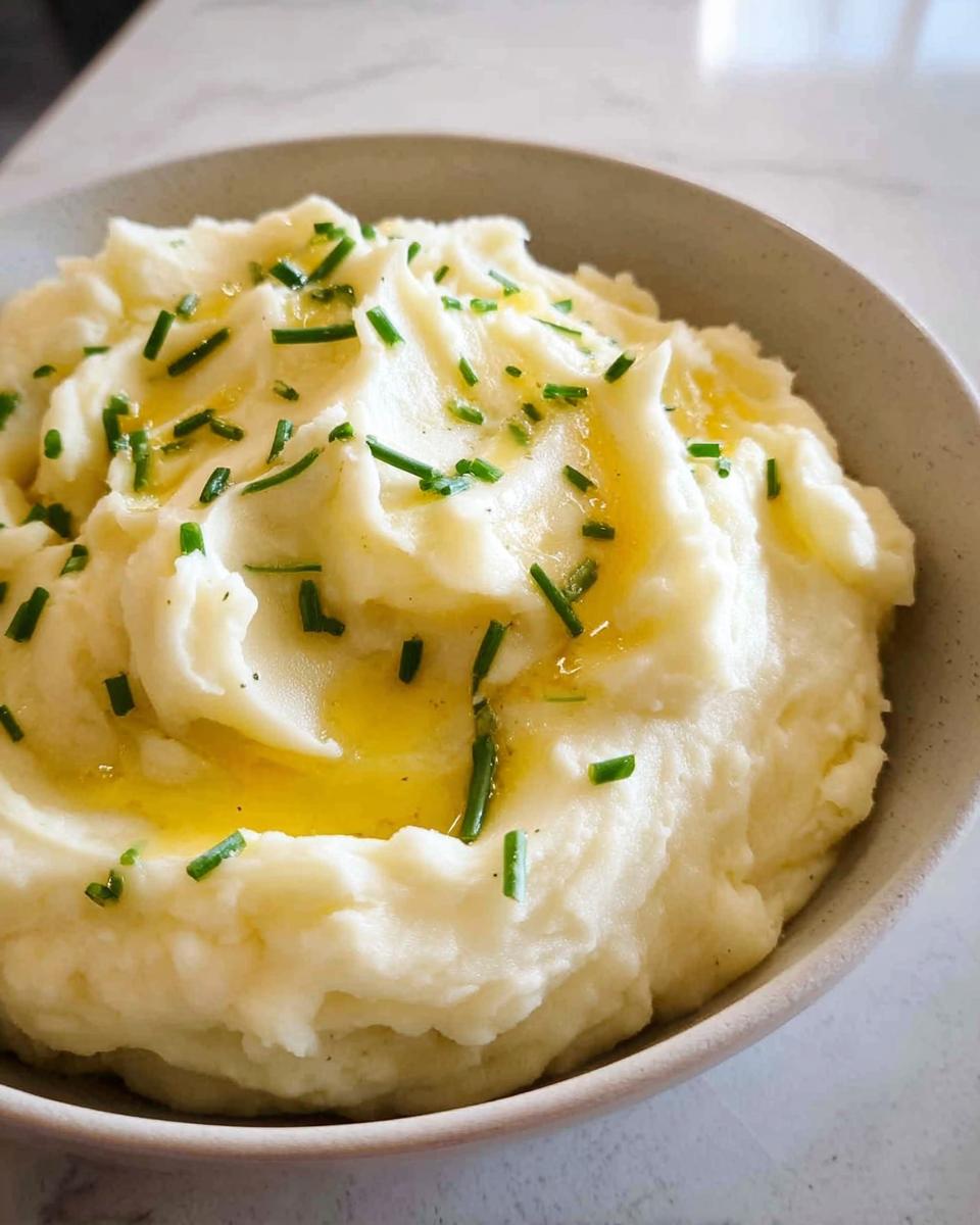 A bowl of creamy, fluffy 12-Ingredient Mashed Potatoes topped with melted butter and fresh chives.