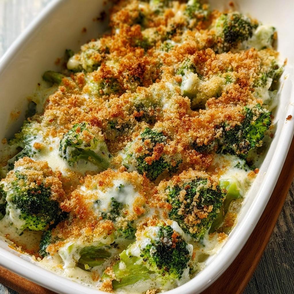Close-up of creamy broccoli casserole topped with golden brown breadcrumbs, a perfect veggie sides recipe.