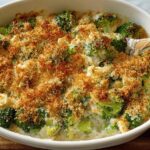Close-up of a creamy broccoli casserole topped with golden brown, crunchy breadcrumbs, perfect for veggie sides recipes.