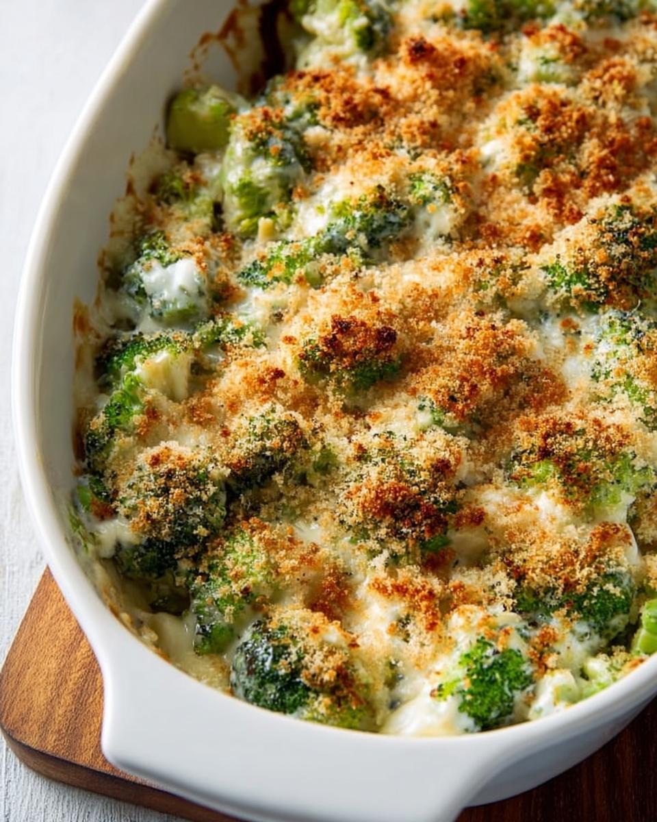 Close-up of creamy broccoli casserole with a golden brown breadcrumb topping, perfect for veggie sides recipes.