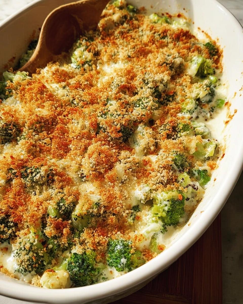 Close-up of a creamy broccoli casserole topped with golden brown breadcrumbs, a perfect veggie side.