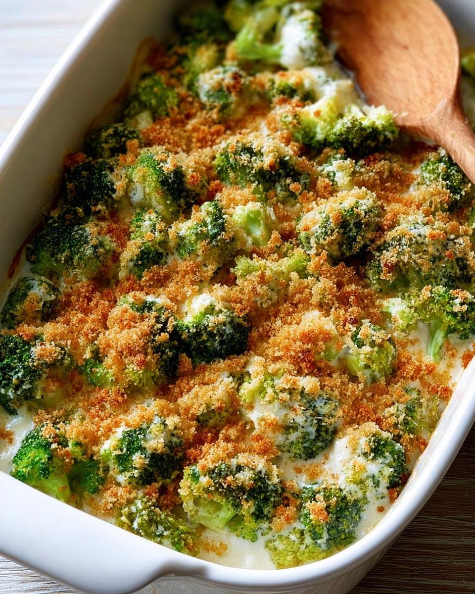 Close-up of creamy broccoli casserole topped with golden brown breadcrumbs, perfect for veggie sides recipes.