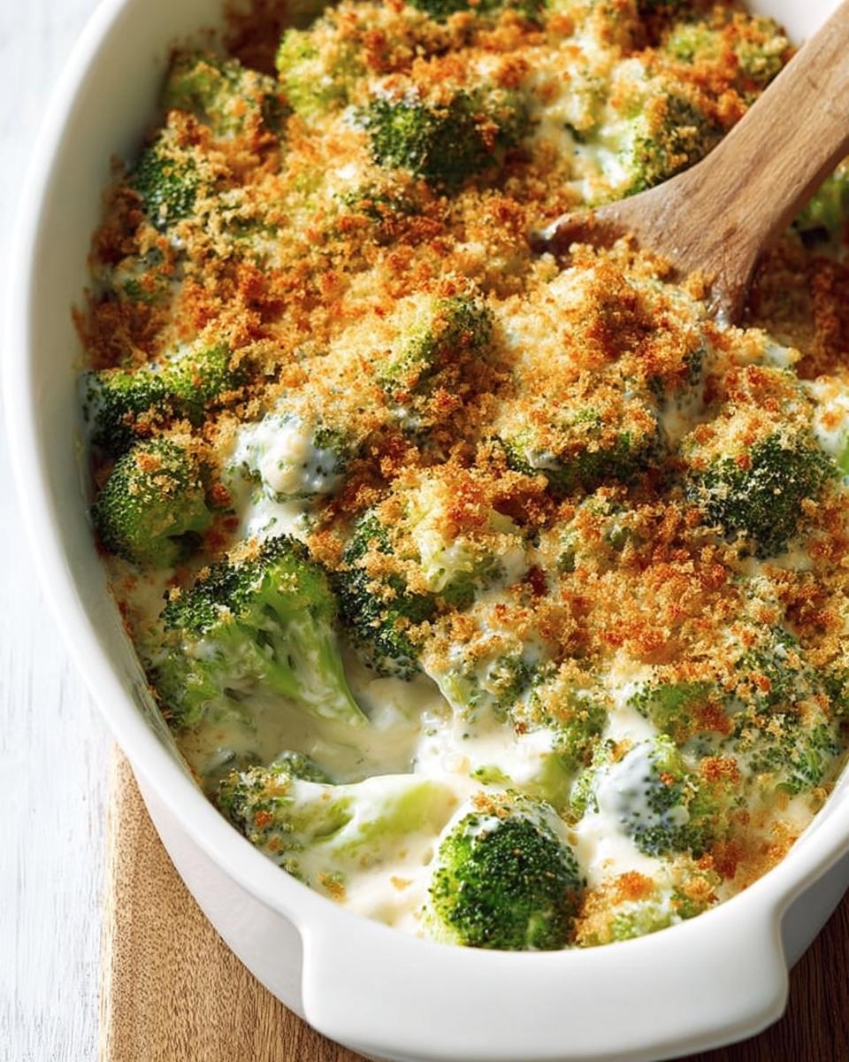 Close-up of creamy broccoli casserole with a golden brown breadcrumb topping, perfect for veggie sides recipes.