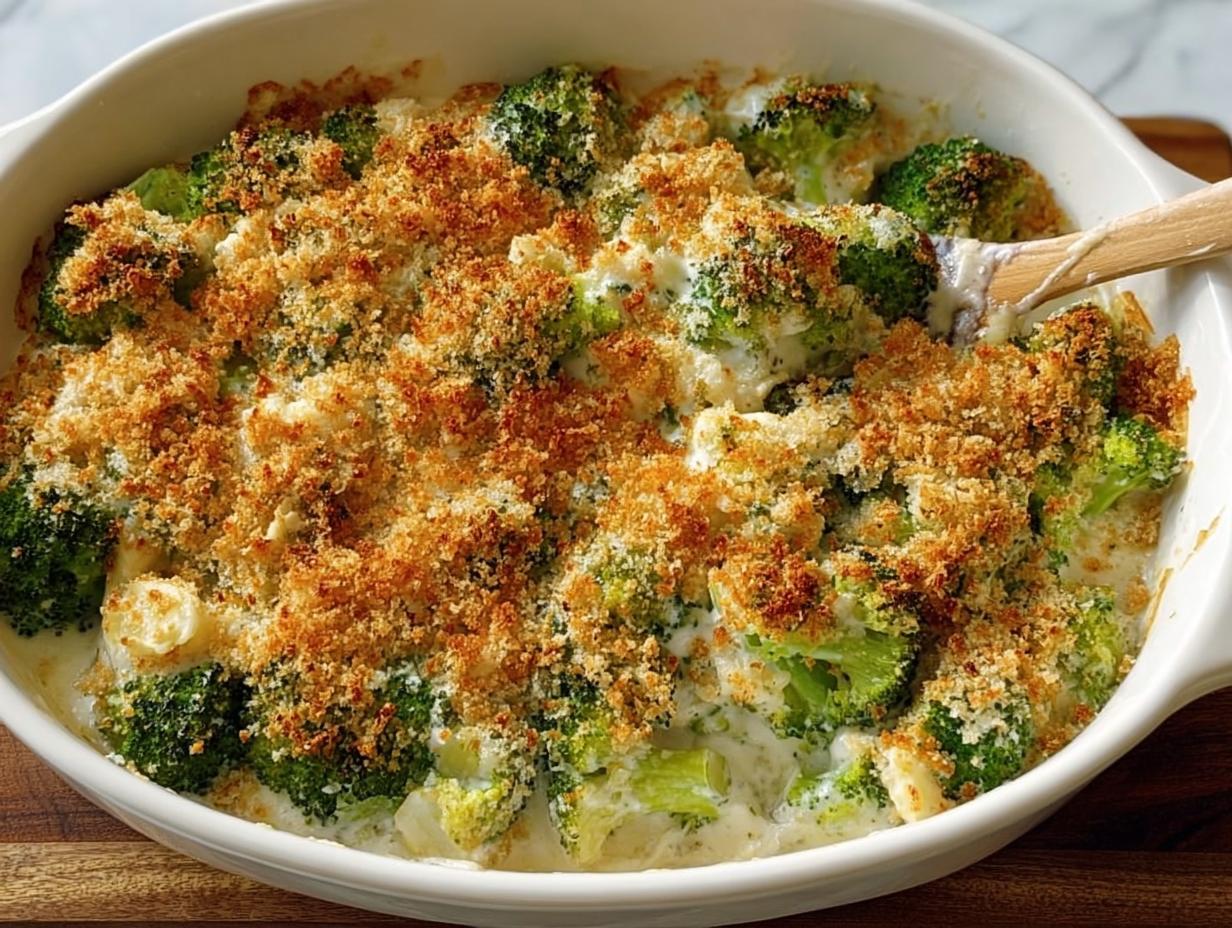 Close-up of a creamy broccoli casserole topped with golden brown, crunchy breadcrumbs, perfect for veggie sides recipes.