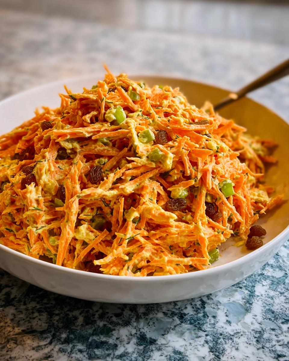 A bowl of creamy shredded carrot salad with raisins and celery, perfect for Veggie Sides Recipes in 15 Minutes.