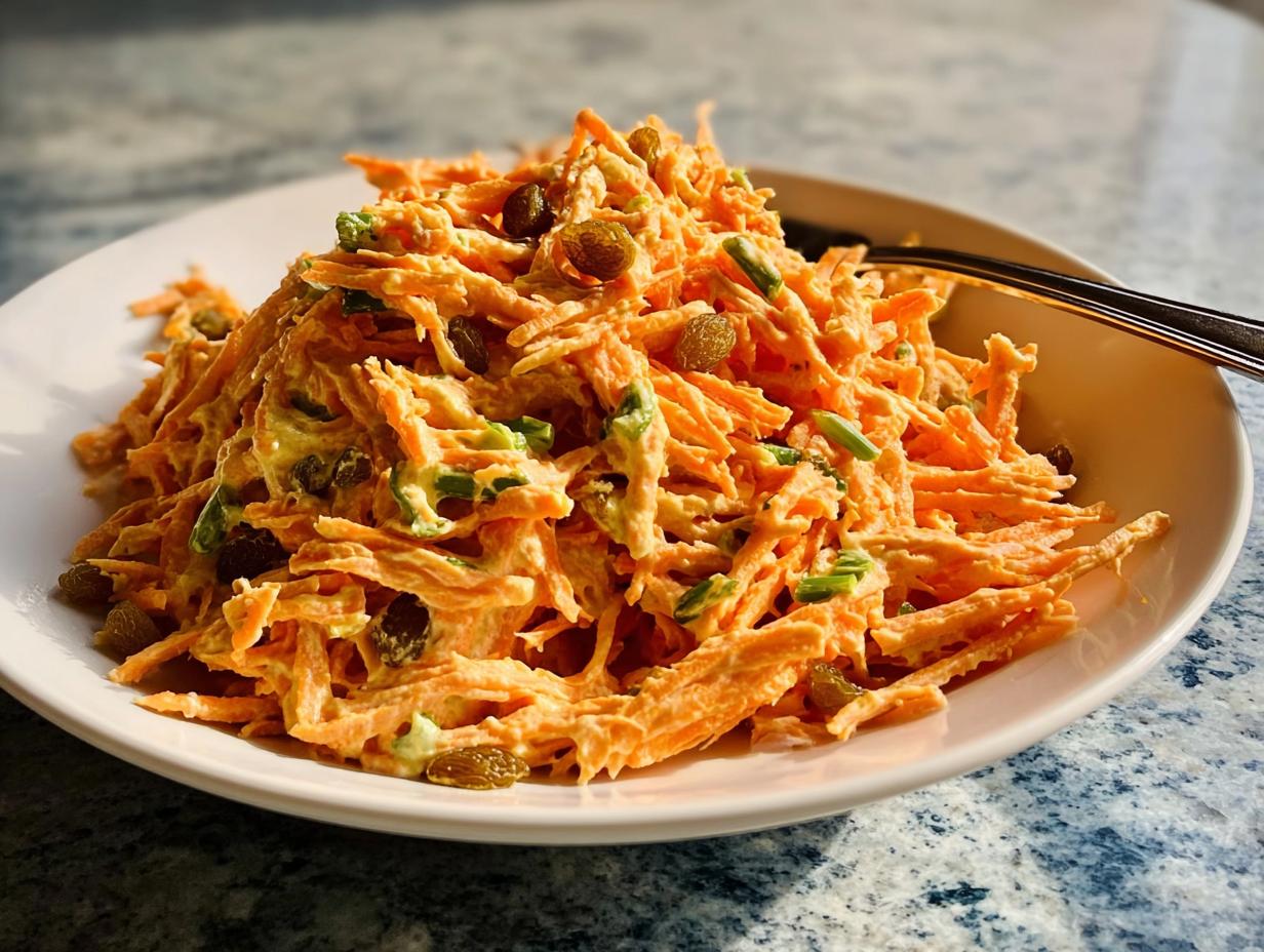 A mound of shredded carrot salad with raisins and green onions, perfect for Veggie Sides Recipes in 15 Minutes.