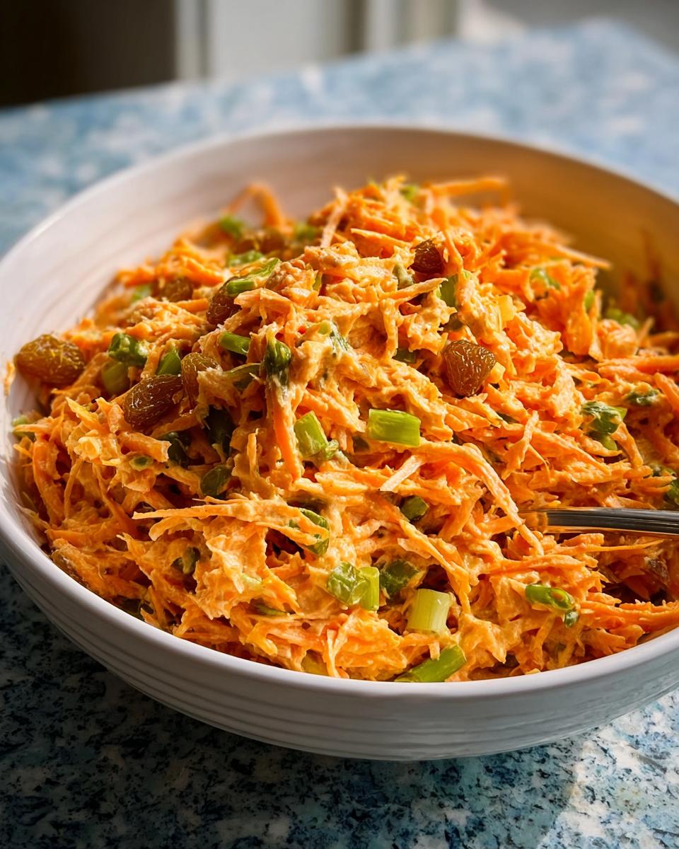 A close-up of a creamy carrot salad with raisins and green onions, perfect for Veggie Sides Recipes in 15 Minutes.
