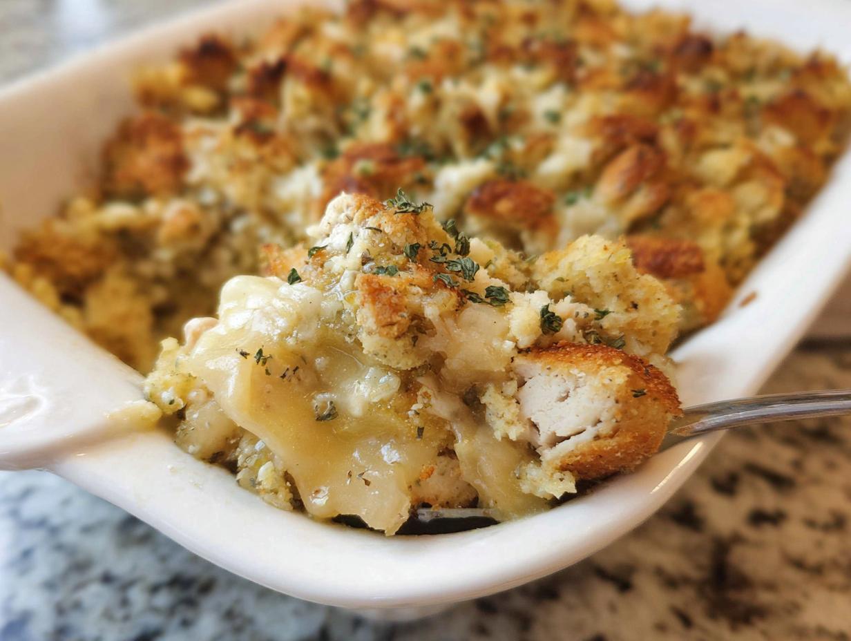 A spoonful of creamy casserole topped with crispy bread stuffing being lifted from a white baking dish.