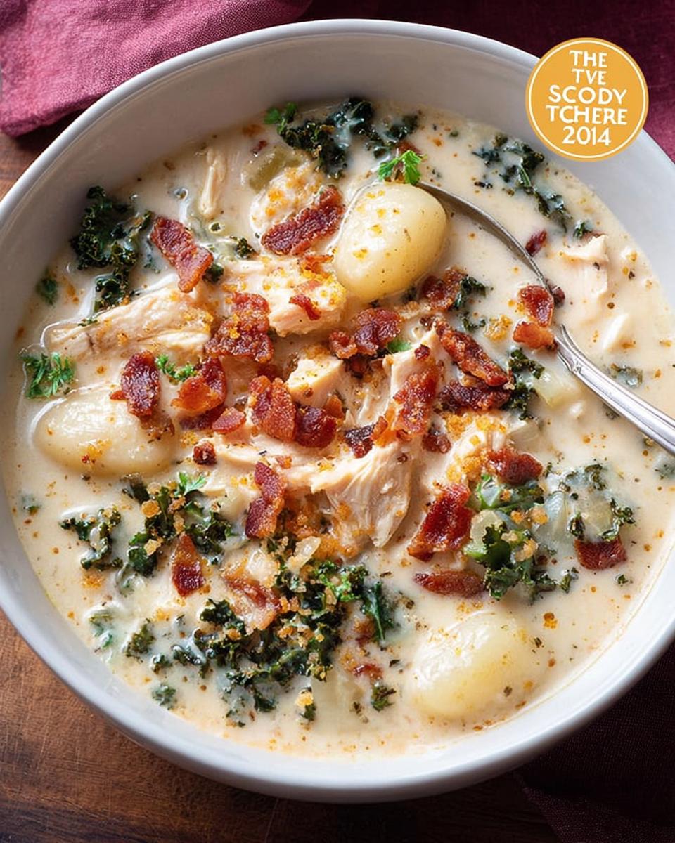 Close-up of creamy chicken and gnocchi soup topped with bacon bits and kale, featured in The Only Soup Recipes Recipe You’ll Need (2025).