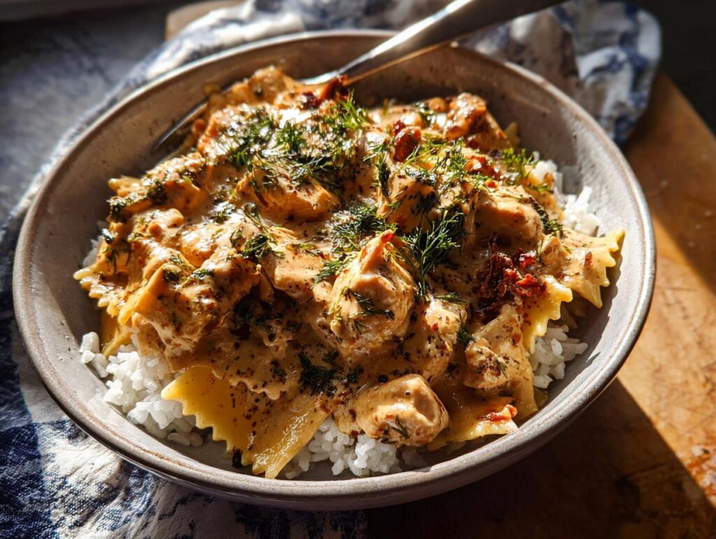 A close-up of a creamy chicken and pasta mixture served over white rice in a bowl, part of The Only Rice Bowls Recipes Recipe You’ll Need.