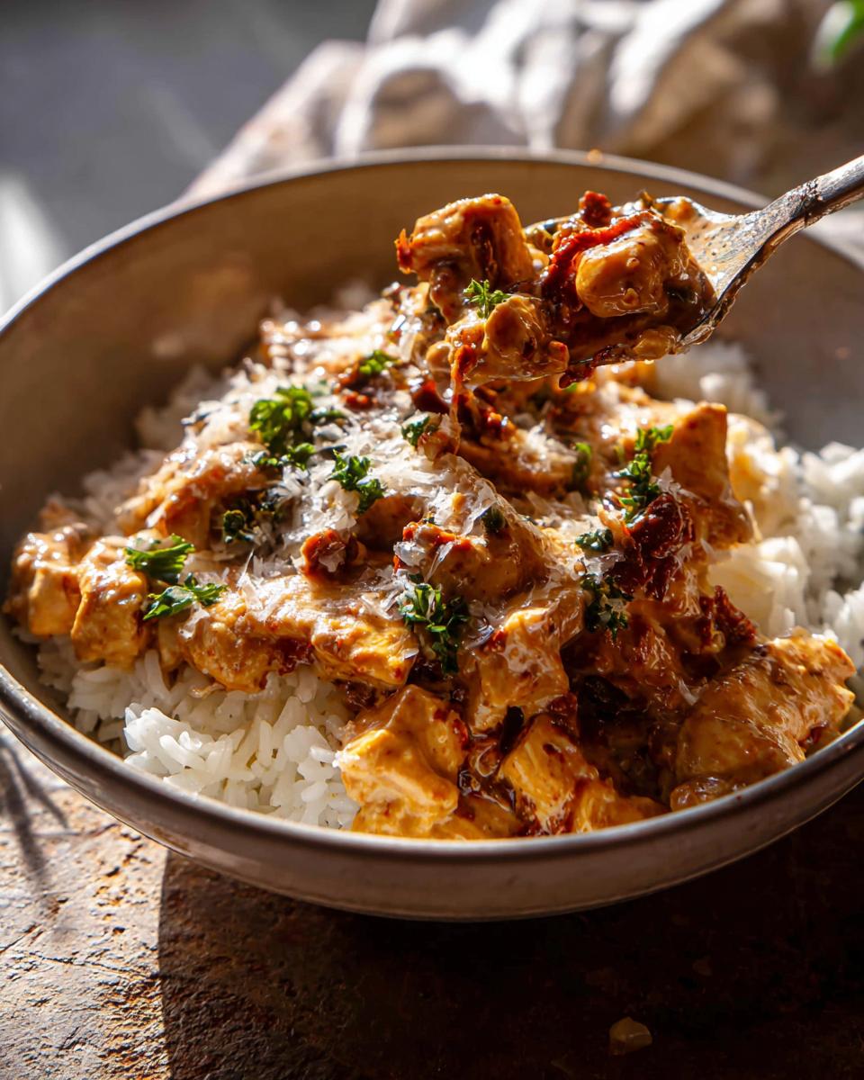 A spoonful of creamy chicken and sun-dried tomato topping being lifted from a bowl of white rice, part of a Rice Bowls Recipes collection.