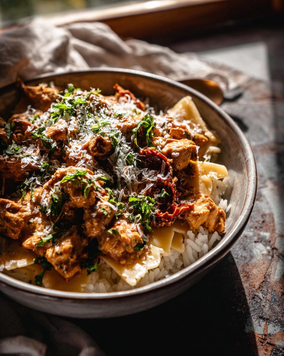 Close-up of a creamy chicken and sun-dried tomato topping over rice in a bowl, part of The Only Rice Bowls Recipes Recipe You’ll Need.