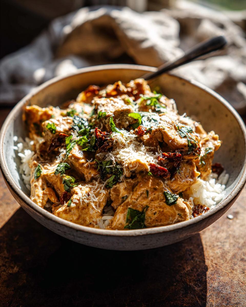 A close-up of a creamy chicken and sun-dried tomato dish served over white rice in a rustic bowl, part of the Rice Bowls Recipes.