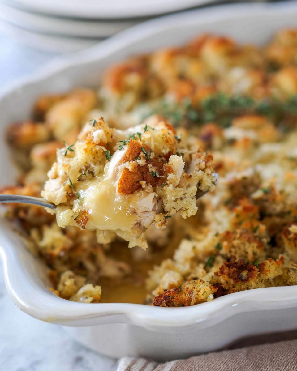 A spoonful of creamy chicken and stuffing casserole being lifted from a white baking dish.